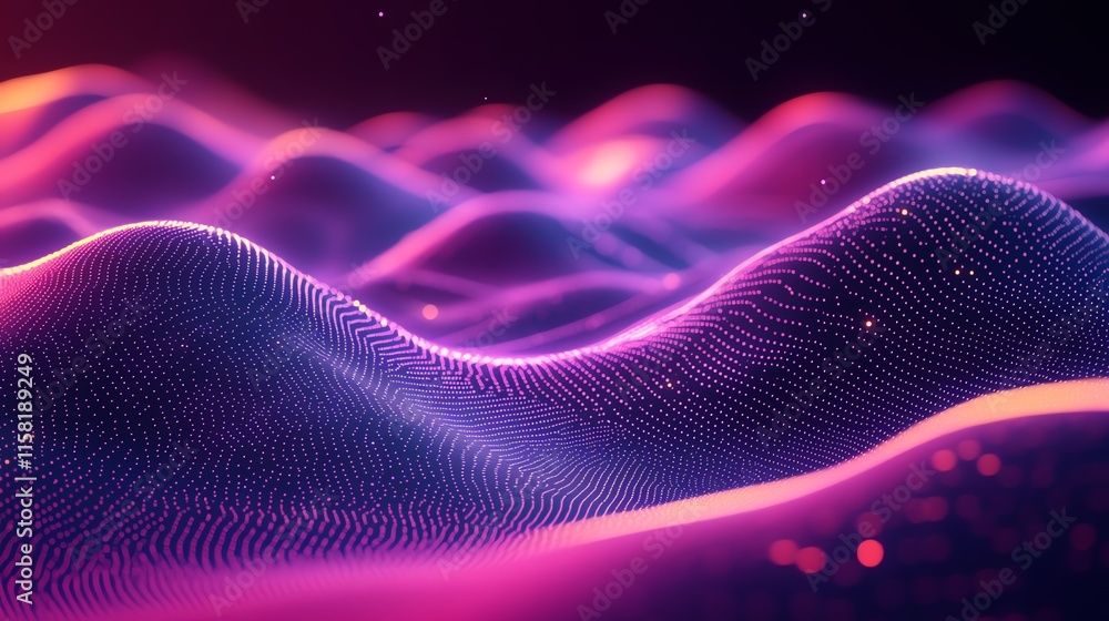 Poster Abstract digital landscape with flowing waves of vibrant colors and light patterns.