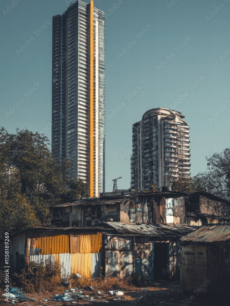 Aufkleber contrast of modern luxury skyscraper with rundown shacks in an urban setting. generative ai
