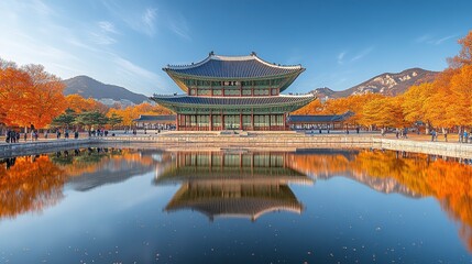 Naklejka premium Autumnal palace reflection in calm water.