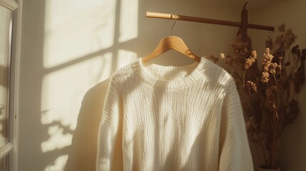 Minimalist Wardrobe with White Sweaters on Wooden Hangers and Dried Floral Arrangement in Sunlit Room - ai
