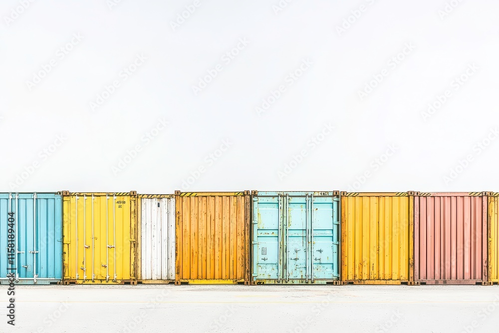 Poster a row of colorful shipping containers against a plain background.