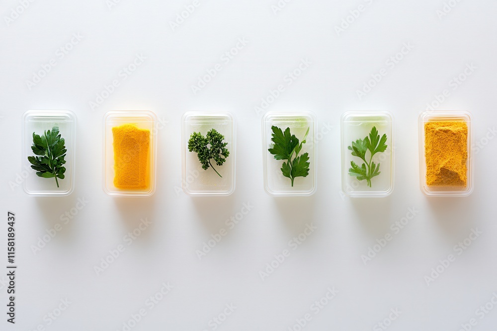 Poster a selection of herbs and spices in containers arranged neatly on a white surface.