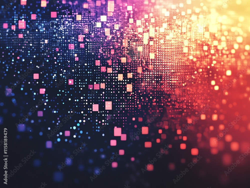 Poster abstract digital art featuring colorful pixels and gradients on a dark background.