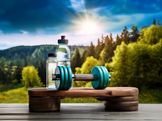 Dumbbells and water bottles rest on a wooden platform, set against a scenic backdrop of a sunlit forest and mountain range.  A tranquil and refreshing outdoor fitness scene.