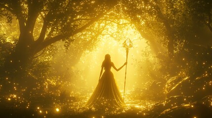 A silhouette of a figure with a staff in a glowing, enchanted forest.