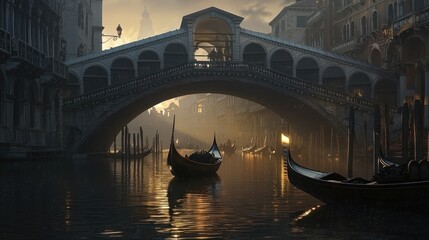 A serene view of the Rialto Bridge in Venice at dusk, with gondolas on the water.