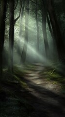 Obraz premium Mysterious forest path illuminated by soft rays of light.