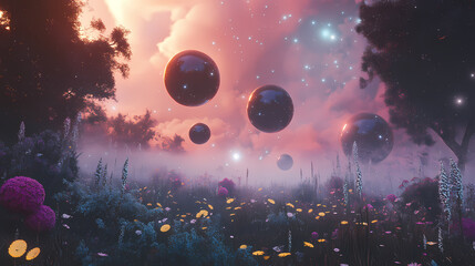 Foggy cosmic garden gauze-covered mysteries. Mystify. Illustration