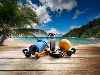 Beach workout essentials: yoga mat, dumbbells, weight plates, medicine ball, and water bottle await a sunny fitness session on a tropical beach.
