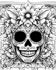 A black and white drawing of a skull with flowers and leaves on top of it. The skull has a smile on it, which gives it a somewhat lighthearted and whimsical feel