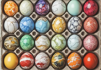 A photo of colorful dyed eggs in an egg carton, easter egg background