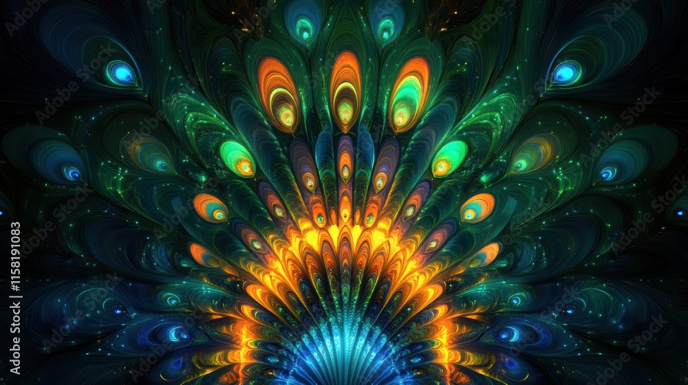 Poster vibrant display of peacock tail feathers showcasing a spectrum of colors. generative ai