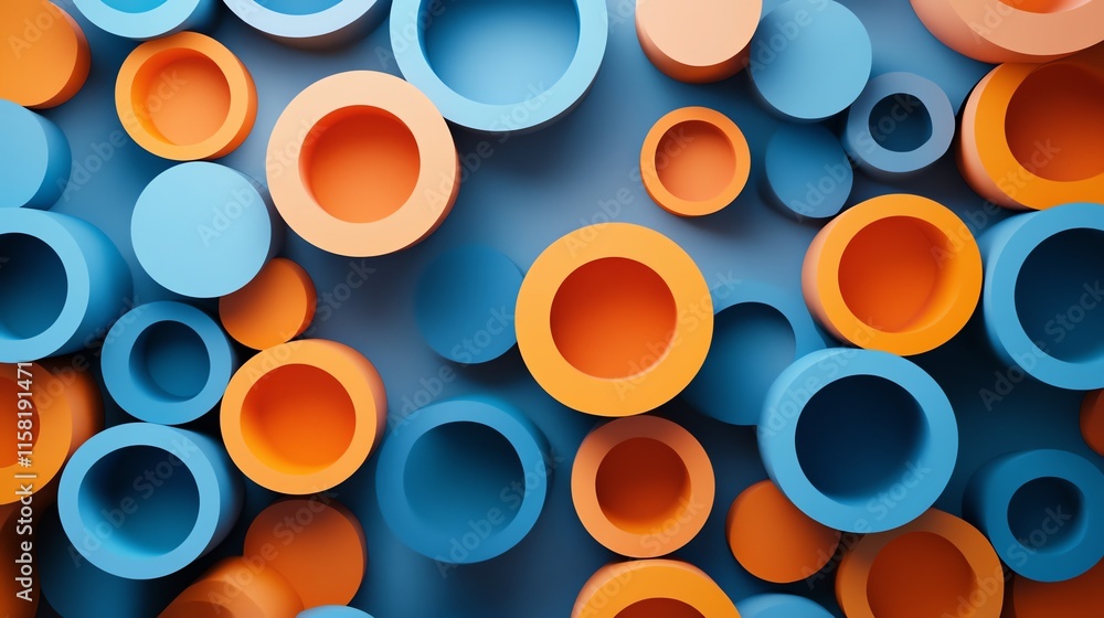 Poster abstract arrangement of colorful circular shapes in blue and orange tones.