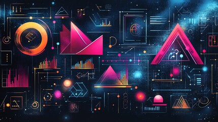 Abstract digital design featuring geometric shapes, graphs, and vibrant colors.