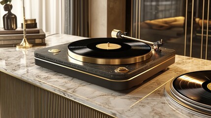 Fototapeta premium A stylish turntable on a marble surface, designed for playing vinyl records.