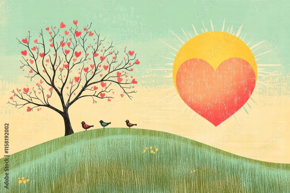 Aufkleber whimsical valentines day design featuring a heart tree and singing birds in a serene landscape with 