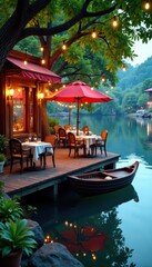 Obraz premium Charming waterside restaurant, shaded patio, twinkling lights, drink, lights