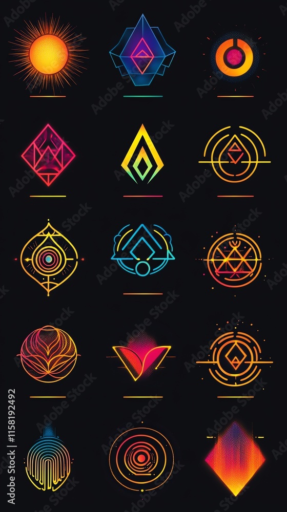 Poster a collection of colorful geometric shapes and symbols on a dark background.