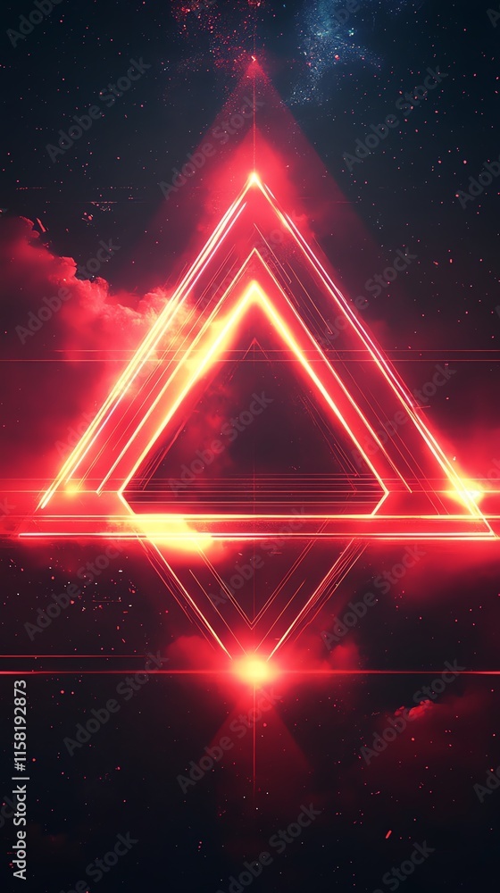 Poster a glowing red triangular shape with a cosmic background and reflective elements.