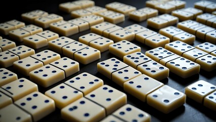 Close-up of domino tiles arranged on dark surface with detailed dot patterns. Board game and strategy concept
