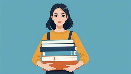 Illustration of female student carrying books with confident expression. Education concept
