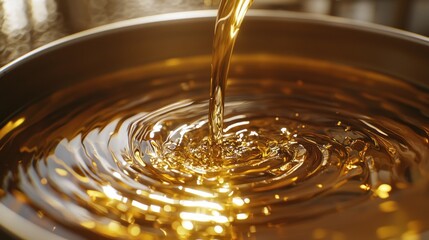 A close-up of golden liquid pouring into a container, creating ripples on the surface.