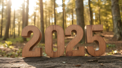 Wooden numbers 2025 with a rustic texture, placed on a backdrop of a forest with warm sunlight filtering through, ultra-clear 8K