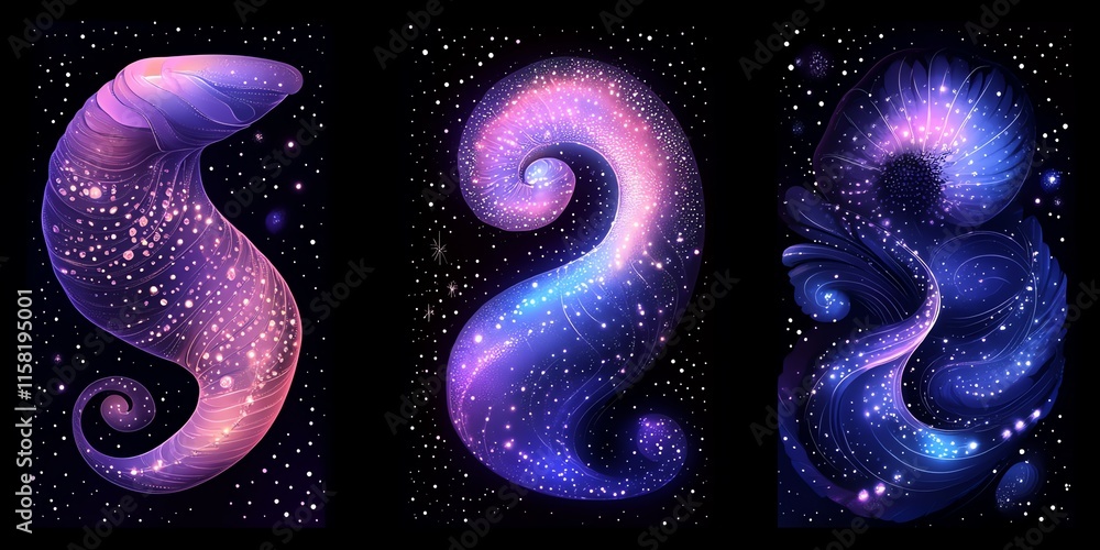 Poster abstract cosmic swirls with vibrant colors and starry backgrounds.