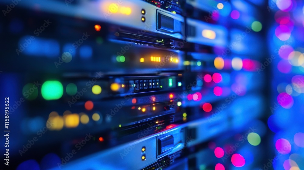 Poster illuminated server racks in modern data center