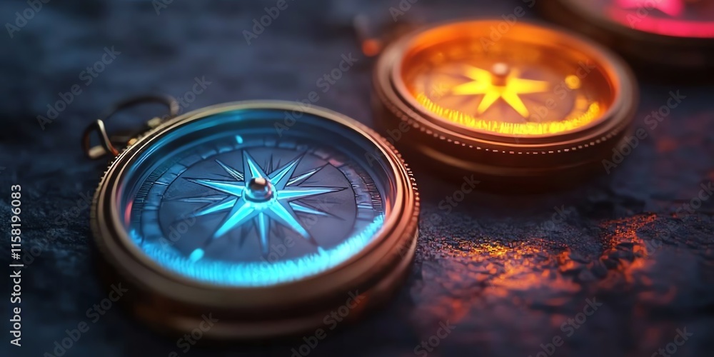 Poster A close-up of two ornate compasses with colorful displays on a textured surface.