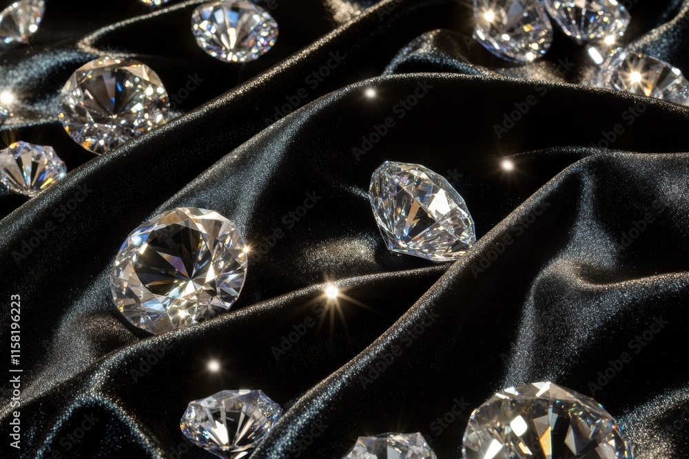 Leinwandbilder sparkling diamonds scattered on elegant black fabric with mock up space for text. generative ai