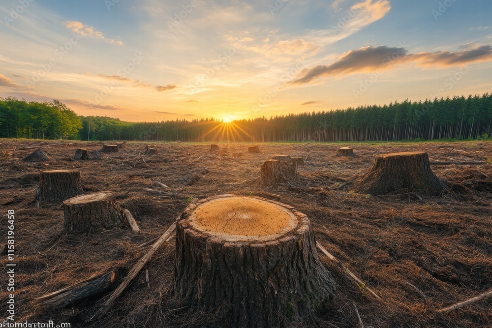 Aufkleber deforested landscape at sunset showcasing tree stumps in a barren field surrounded by forest. genera