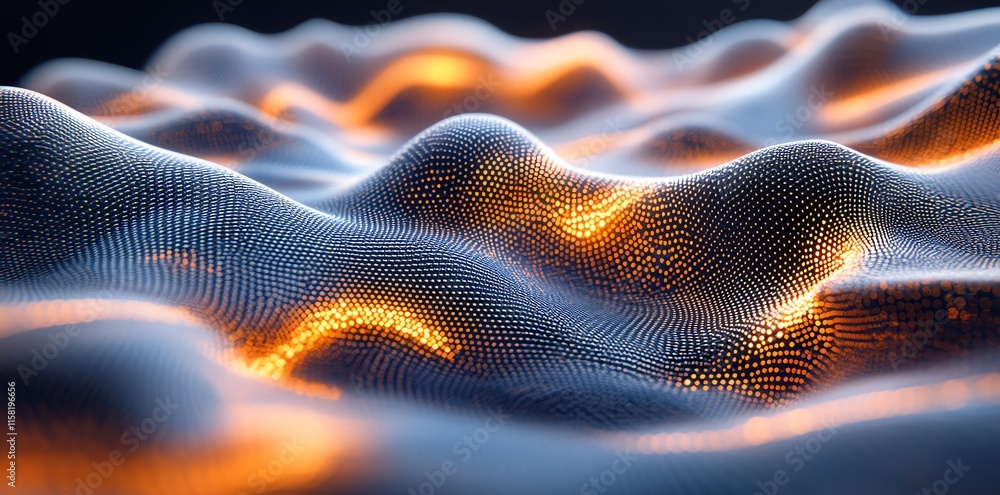 Poster abstract digital landscape with flowing waves and glowing elements.