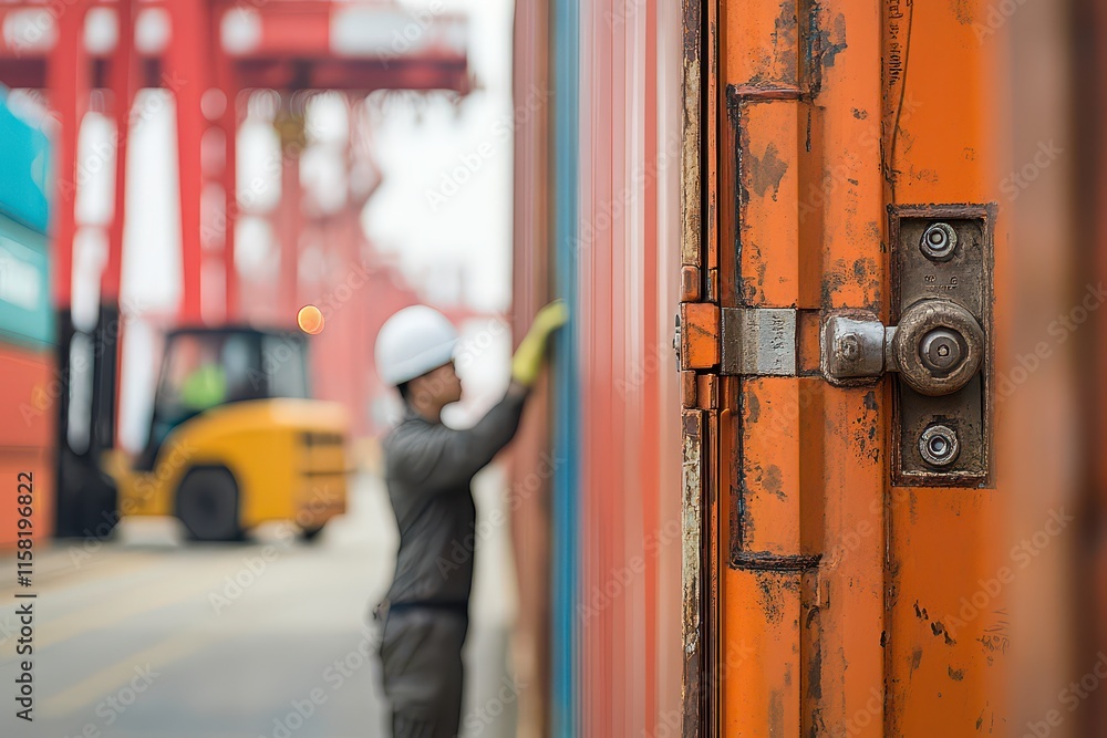 Poster a worker inspects a shipping container in a busy port environment.