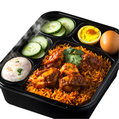 Fototapeta premium Hot Spicy Chicken Biryani Showing Leg Piece Isolated on wight background