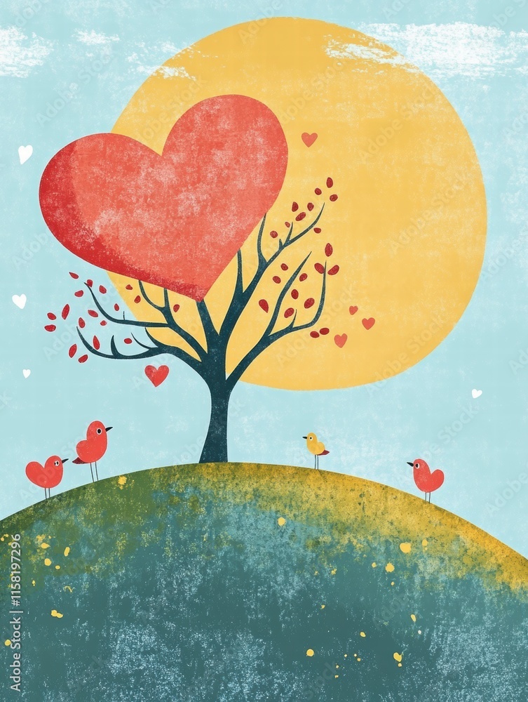 Poster whimsical valentines day design featuring a heart shaped tree and playful birds in a serene landscap