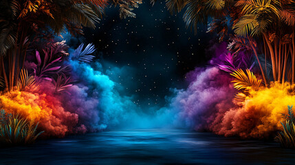 vibrant cosmic themed landscape featuring colorful clouds, lush foliage, and starry night sky creates magical atmosphere. Perfect for imaginative settings and events