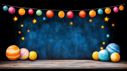cosmic themed party booth featuring colorful planets and stars, perfect for fun and imaginative celebration. vibrant colors create joyful atmosphere