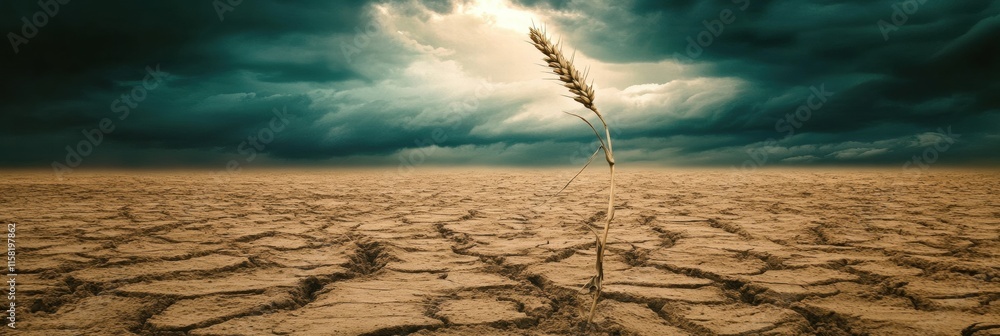 Poster dry barren field with a single stalk of withered wheat against a dramatic sky revealing signs of dro