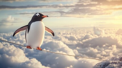 Fototapeta premium A penguin balancing on a tightrope above a cloud-filled sky at sunset.