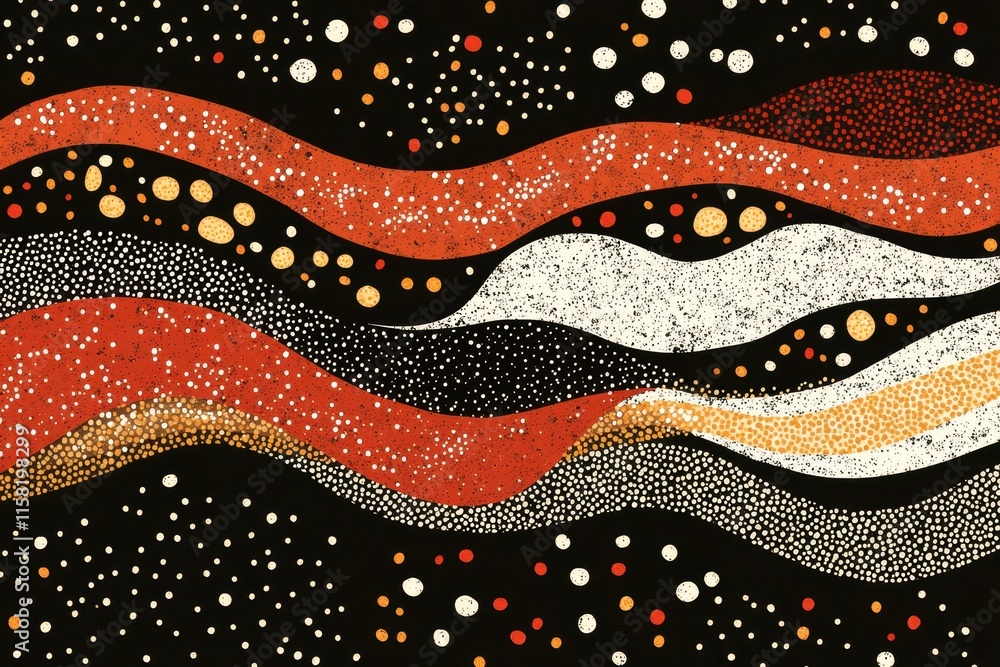Poster abstract design featuring wavy lines and dots in earthy colors on a dark background.