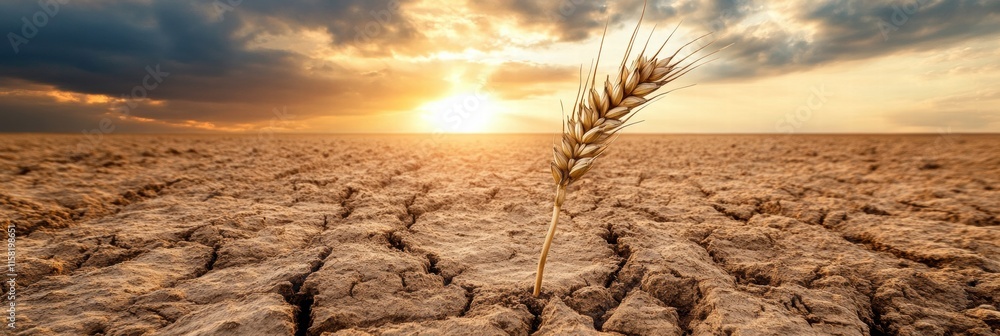 Poster barren field with a single stalk of withered wheat against a dramatic sunset sky. generative ai