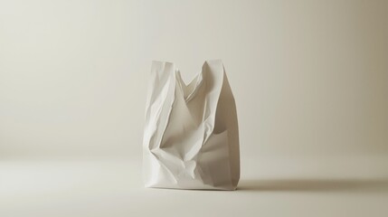 A crumpled white paper bag stands against a soft, neutral background.