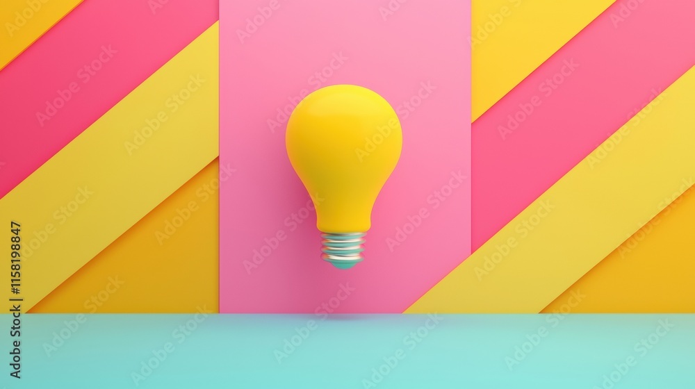 Poster yellow light bulb floating on colorful abstract background representing ideas and innovation