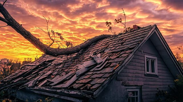 Fallen tree on damaged house roof at sunset, dramatic nature and destruction concept