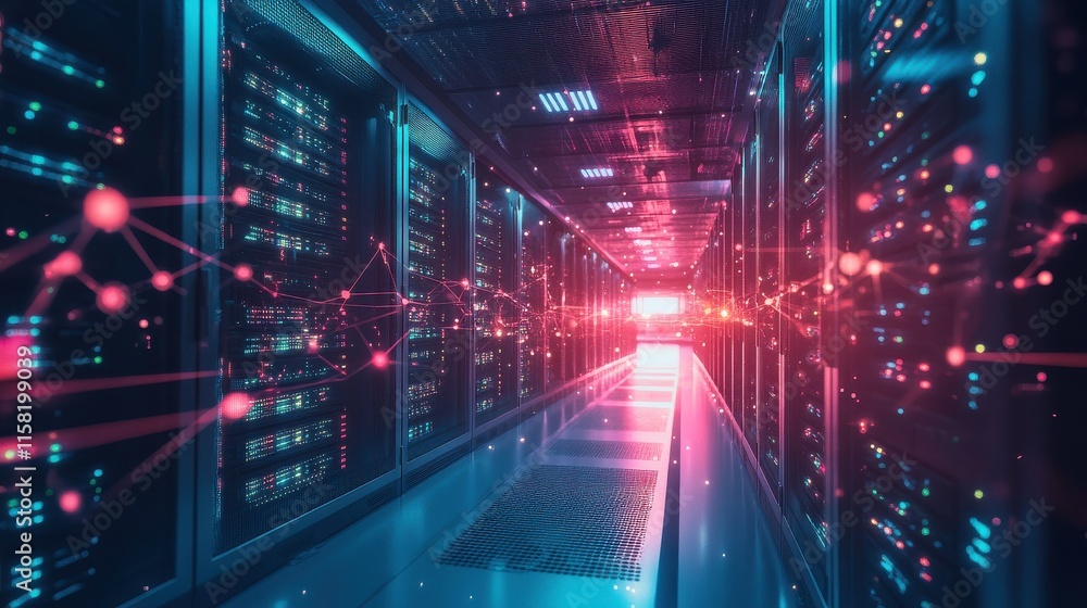 Poster modern data center with network graphics and soft light
