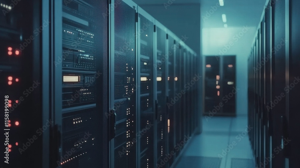 Poster modern data server room with monitoring interfaces