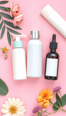 Gentle beauty care concept. Top view flat lay of pump bottle, pipette, cream bottles and tubes on pastel pink background with empty space for text or branding, colorful, with white tones