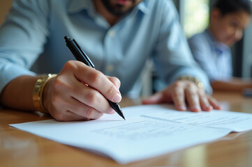 Close-up of a businessman writing on documents at a desk in a professional setting.