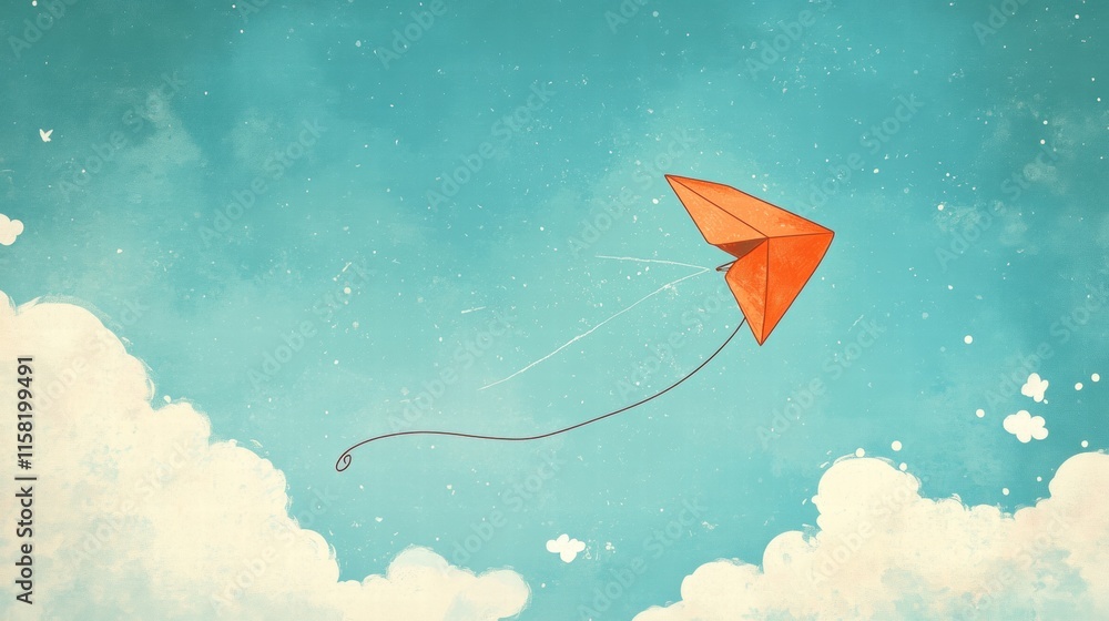 Poster a bright orange kite soars through a dreamy naive art style sky with fluffy clouds. generative ai